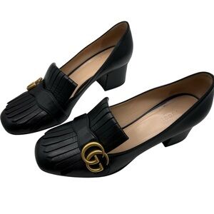 Gucci GG Marmont Black Leather Fringe pump Loafers 39.5